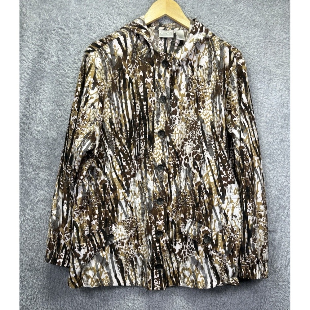 Chicos Zenergy Womens 3 XL Animal Print Hooded Jacket Brown Cinch Lightweight